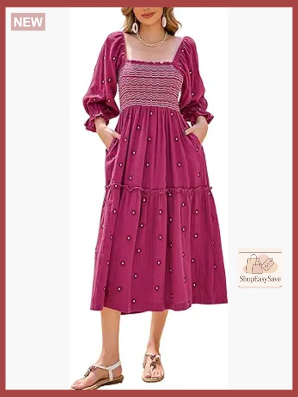 Long Sleeve Cotton Boho Midi Dress Vintage Square Neck Floral Embroidered Tiered